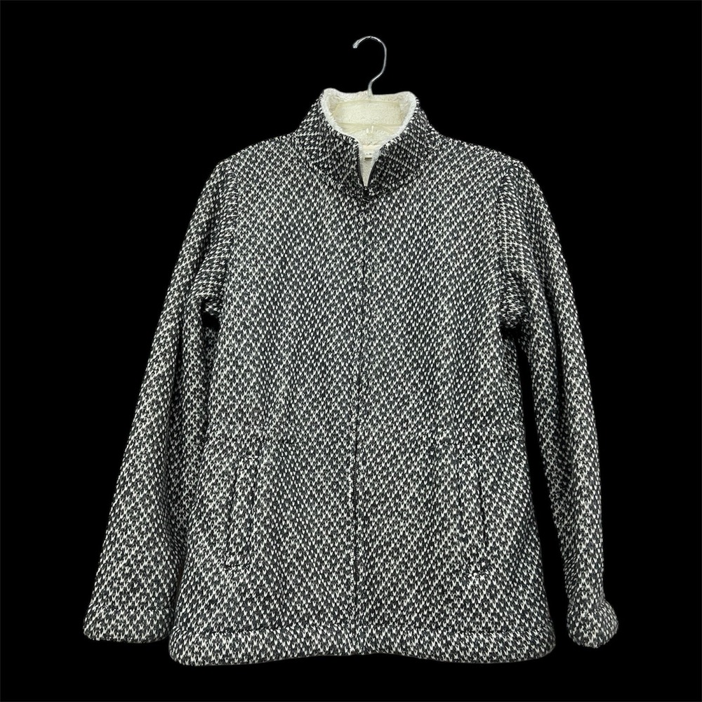 LL Bean‎ Women Full Zip Sweater Jacket M Gray Birds Eye Sherpa Lined Cinch Waist